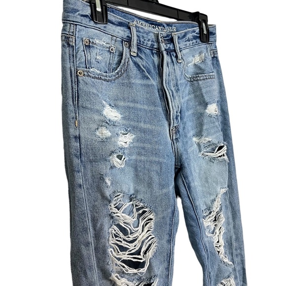 AMERICAN EAGLE HI-RISE GIRLFRIEND Distressed Medium Blue Wash Zip Fly Jeans sz 2 - Picture 5 of 16